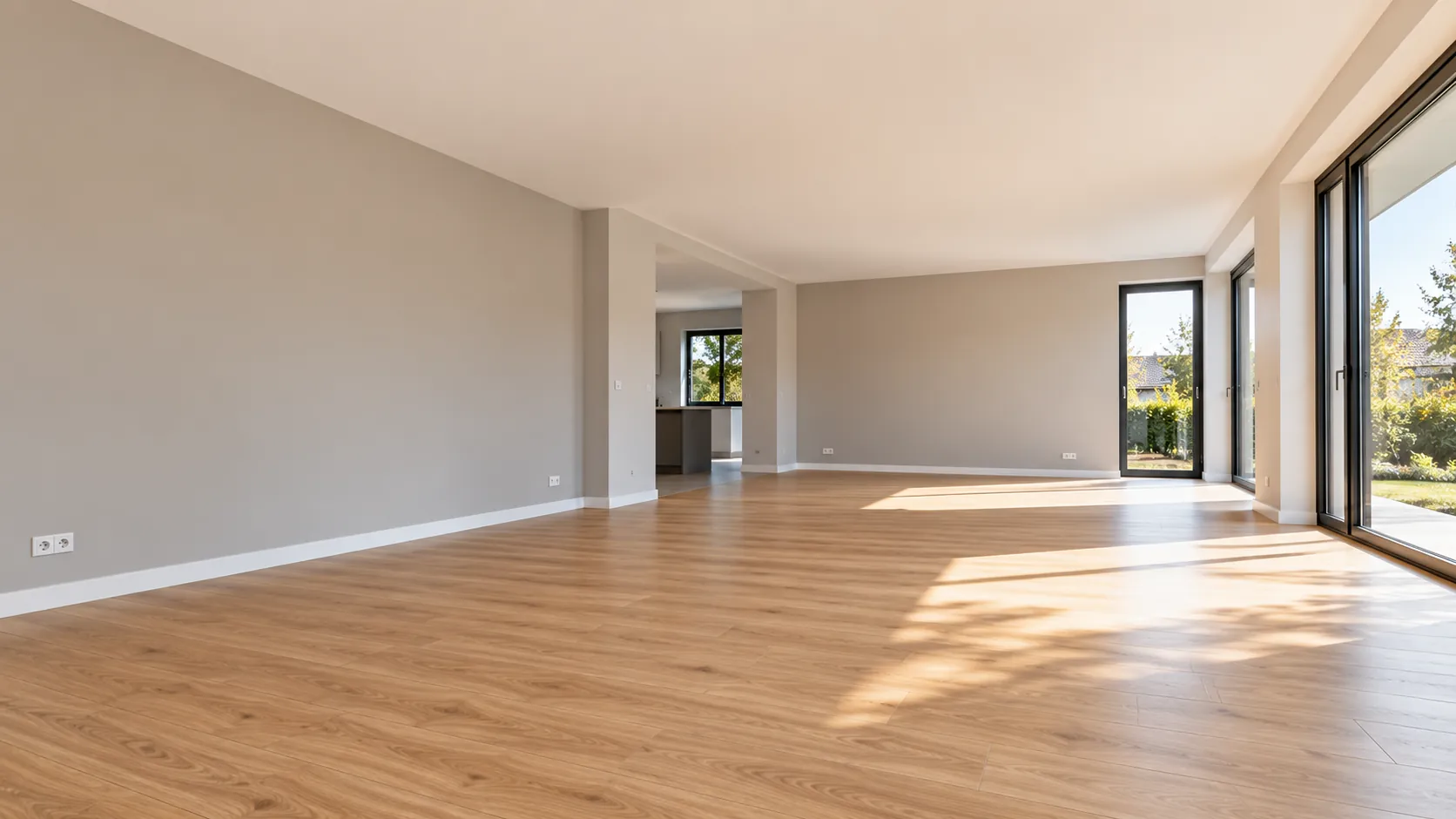 Heller, frisch renovierter Wohnraum mit Holzboden und gestrichenen Wänden
