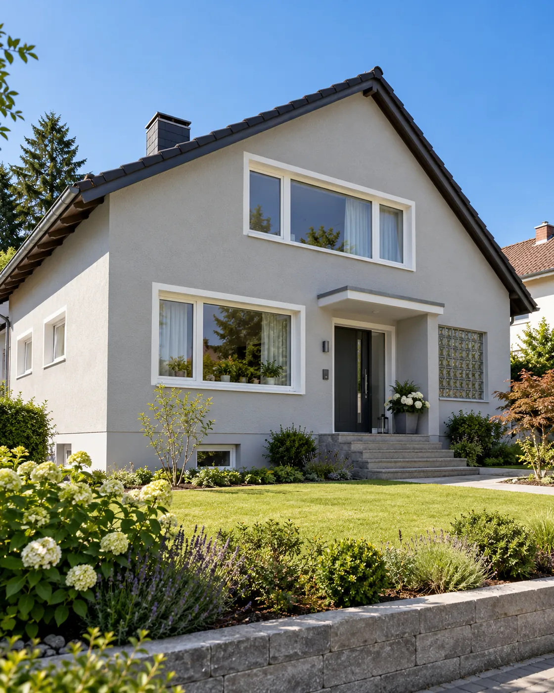 Einfamilienhaus mit frisch verputzter, hellgrauer Fassade