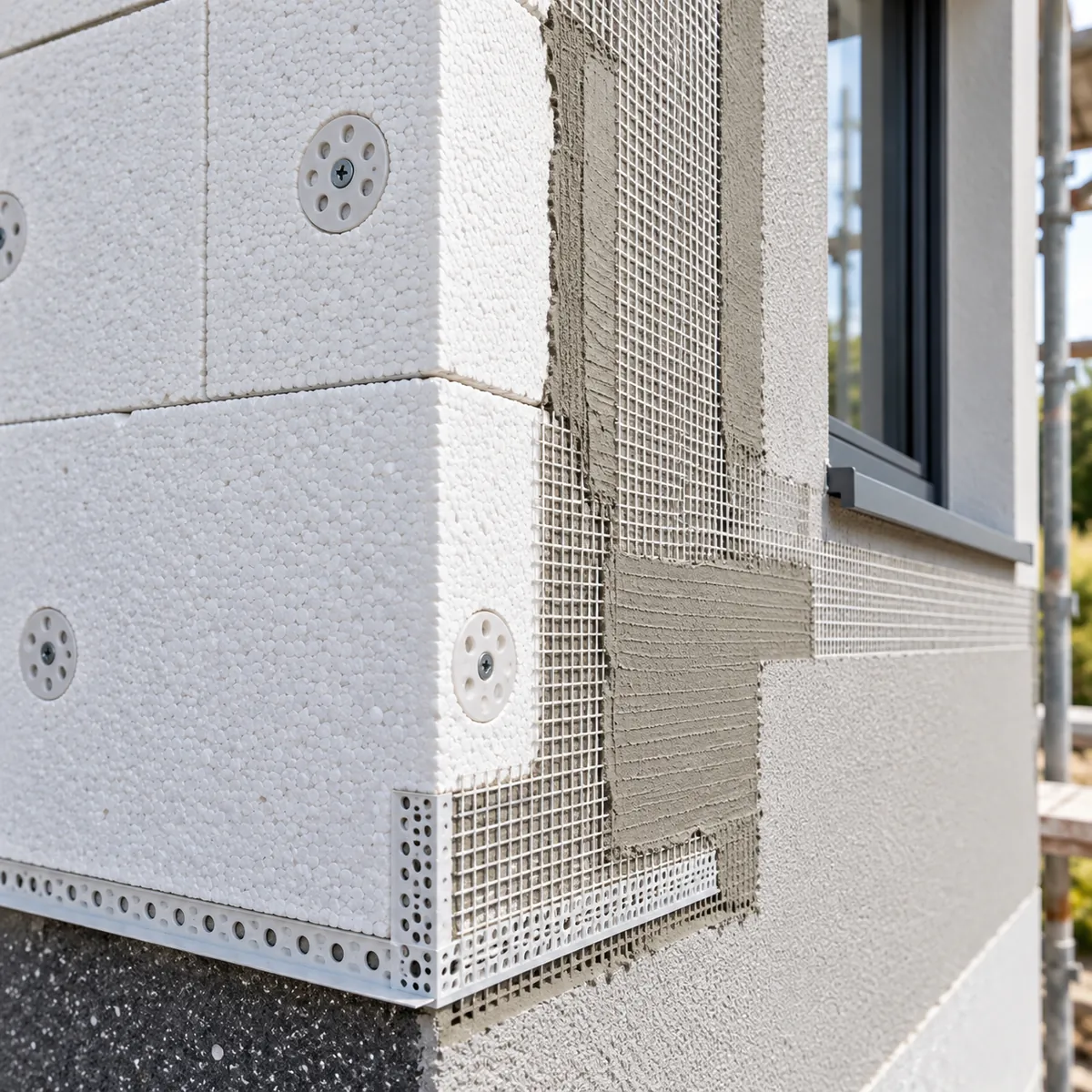 Detail einer Wärmedämmung mit Dübeln, Armierungsgewebe und Eckprofil