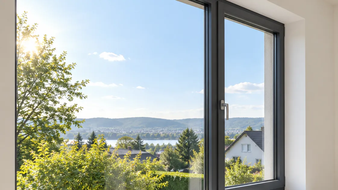 Moderne Fensterfront mit anthrazitfarbenem Rahmen und Blick ins Grüne