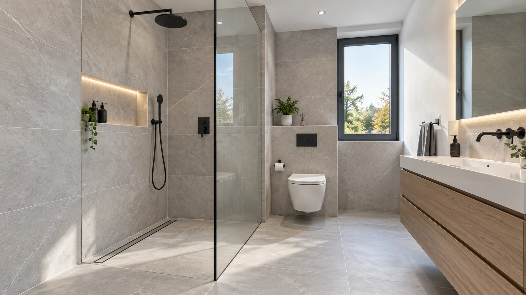 Modernes Bad mit großformatigen Fliesen und bodengleicher Dusche
