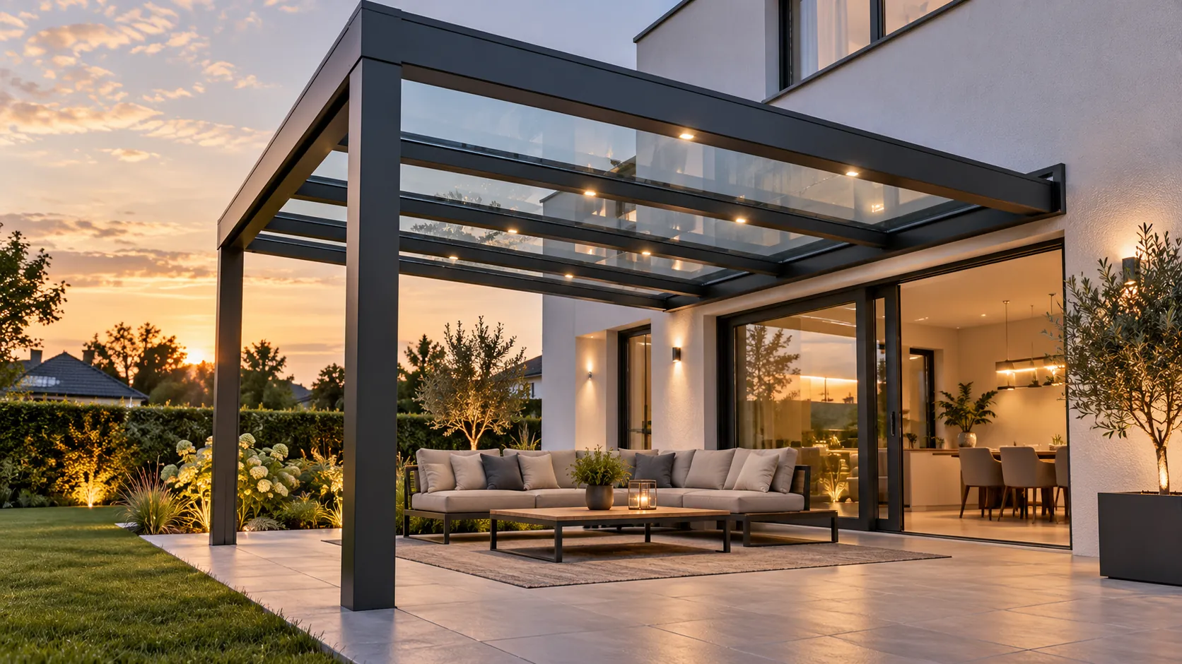 Terrassenüberdachung aus Glas und anthrazitfarbenem Aluminium am Abend