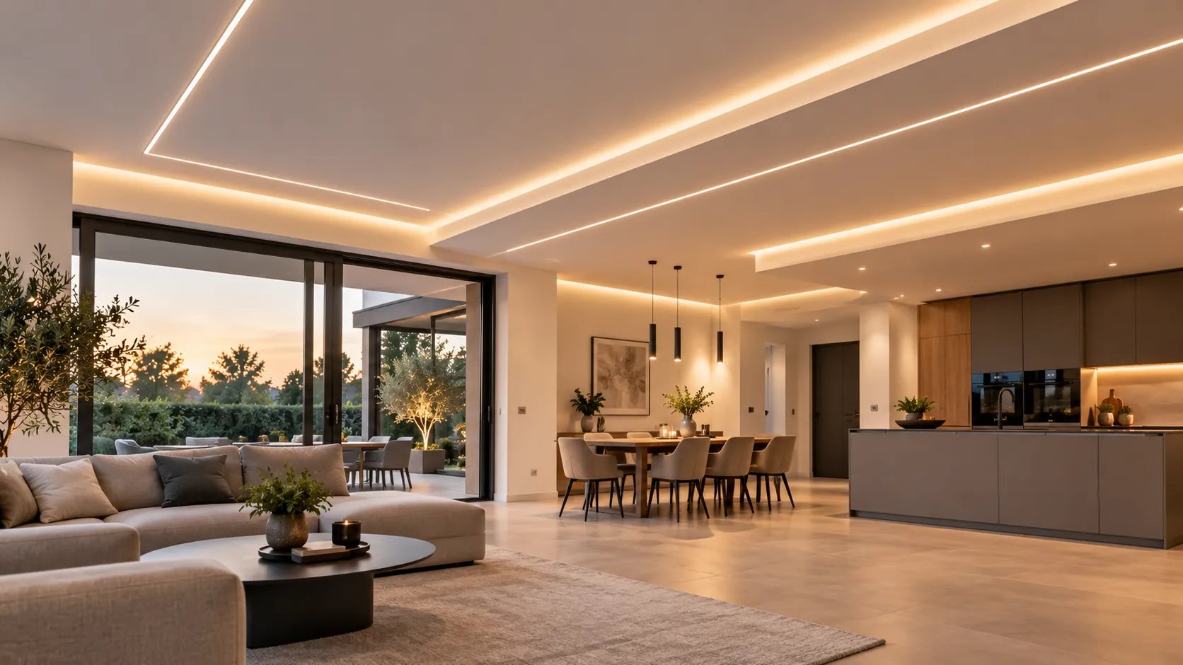 Offener Wohnbereich mit abgehängter Decke und integrierten LED-Lichtlinien am Abend
