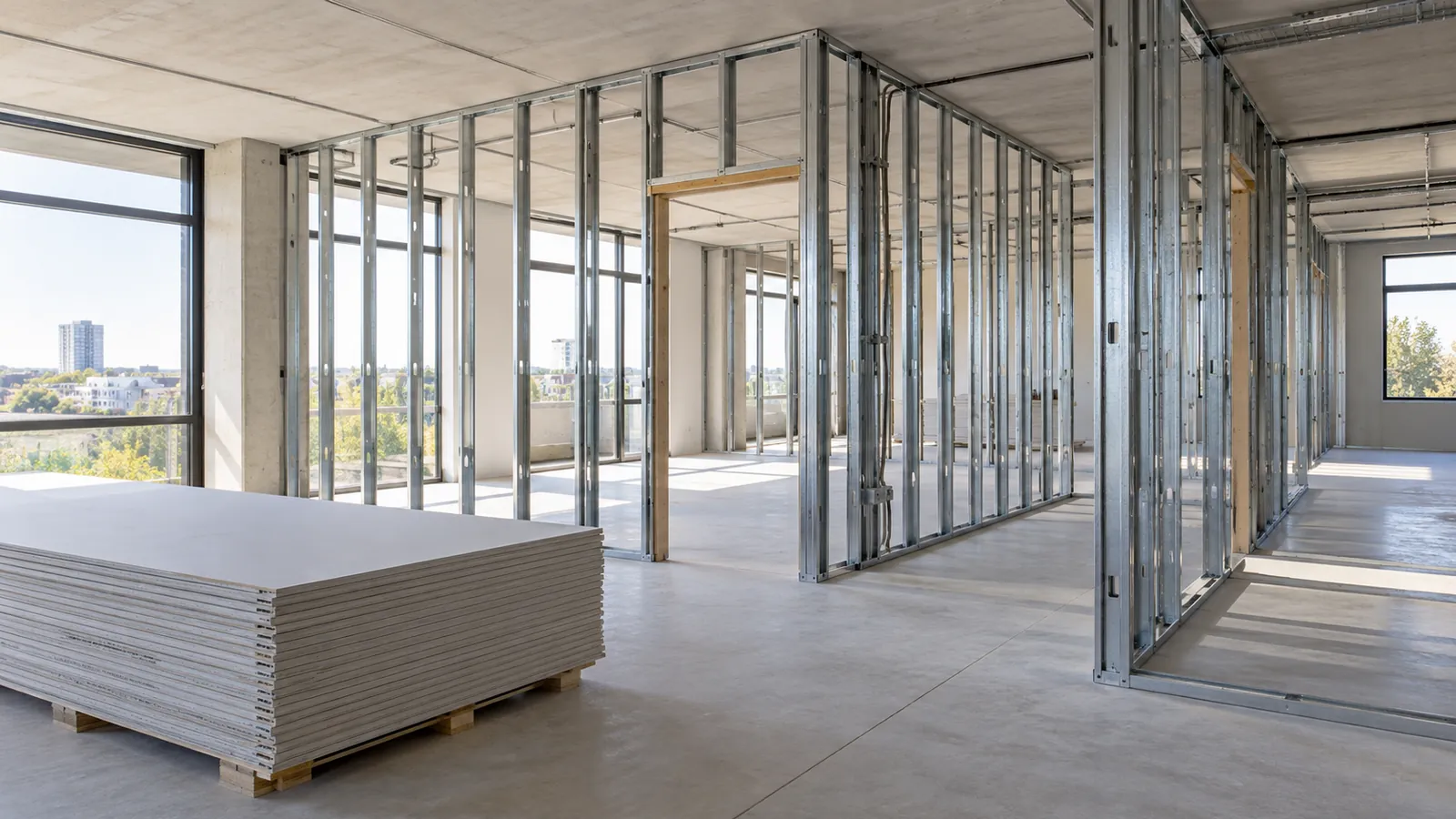 Metallständerwerk für neue Trennwände mit gestapelten Gipskartonplatten